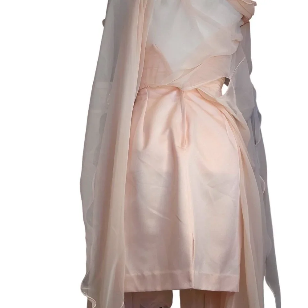 80s Vintage XS Light Pink Chiffon Flowy‎ Pearl Beaded High Low Halter Formal